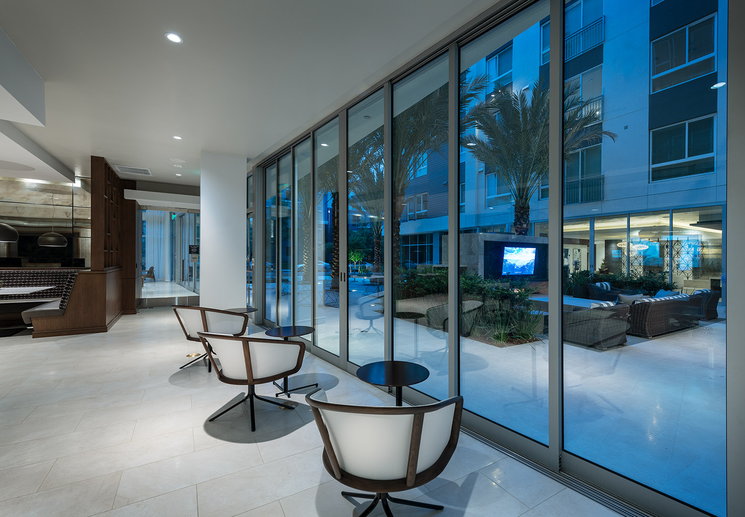 Clubhouse seating overlooking the pool